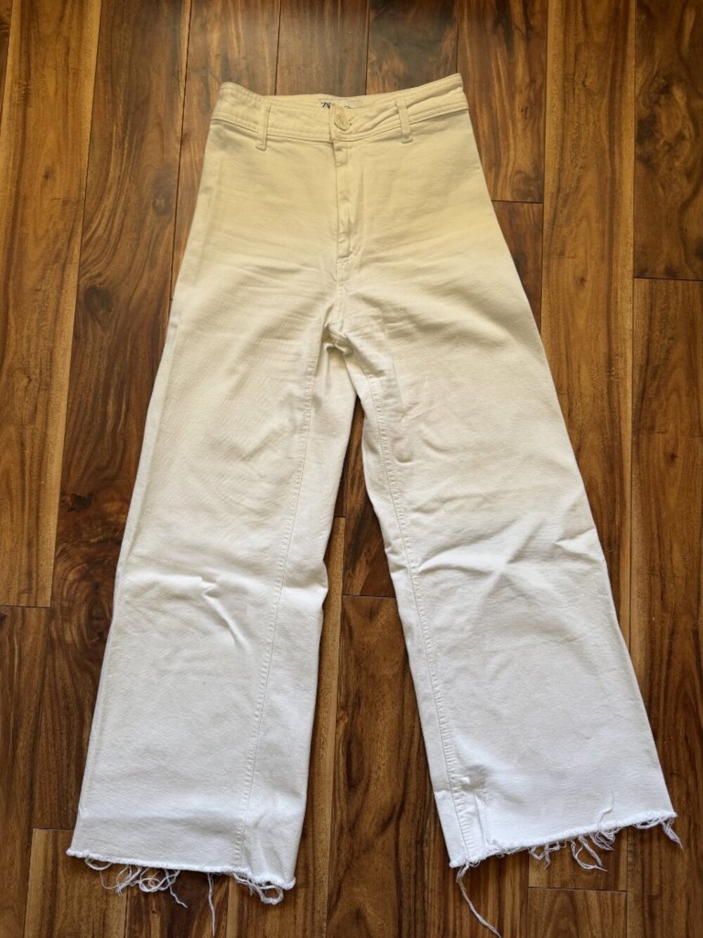 Zara The Marine Straight High Rise Wide Leg Jeans Off White Raw Hem Frayed 6